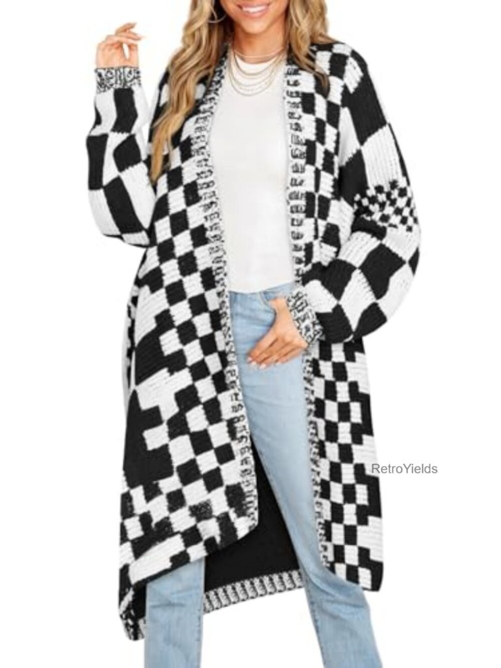 Oversized Checkered Knit Cardigan Long Chunky Open Front Sweater Coat